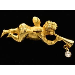 Yosca Vintage Angel Pin Brooch Cherub Brushed Gold Horn Crystal Signed 80s BinAJ